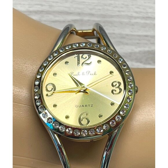 Womens Bracelet Watch Cuff Peck & Peck Light Gold Tone w/ Rhinestone Accents - Picture 6 of 8